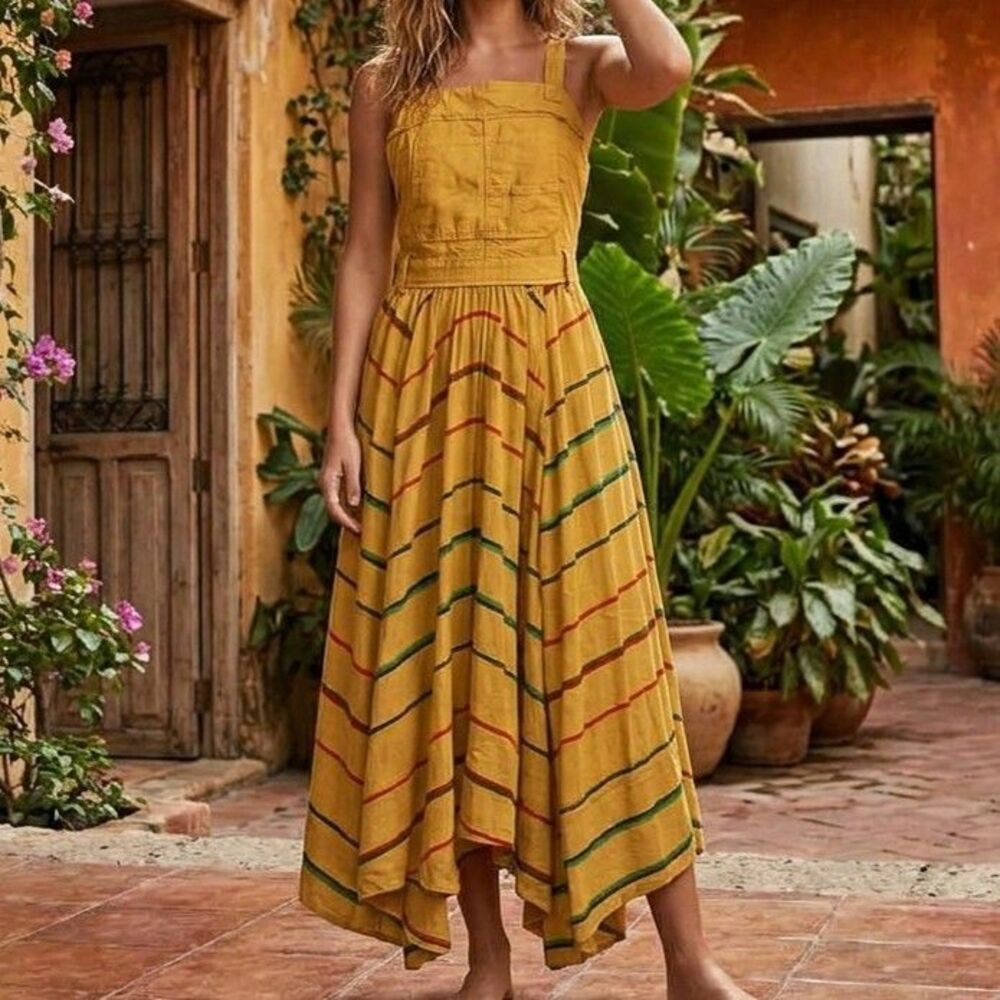 Free People Midi Dress Striped Printed Smocked Sleeveless Cotton Yellow M 291380